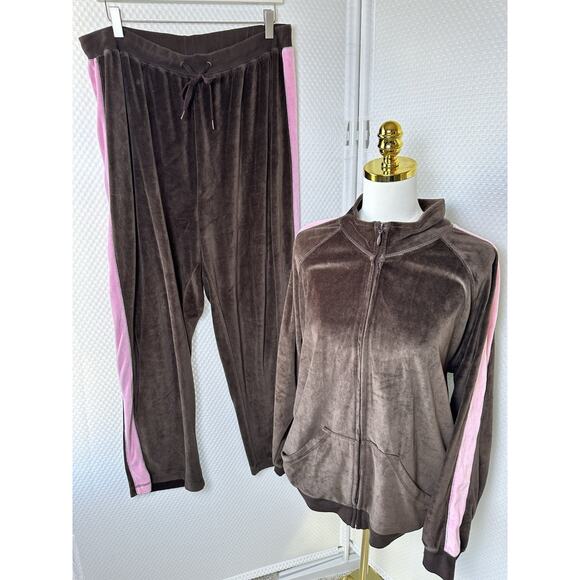 Vtg Y2k Jane Ashley Women's Two Piece Velour Sweat Track Suit Brown Pink 1x - Picture 7 of 14